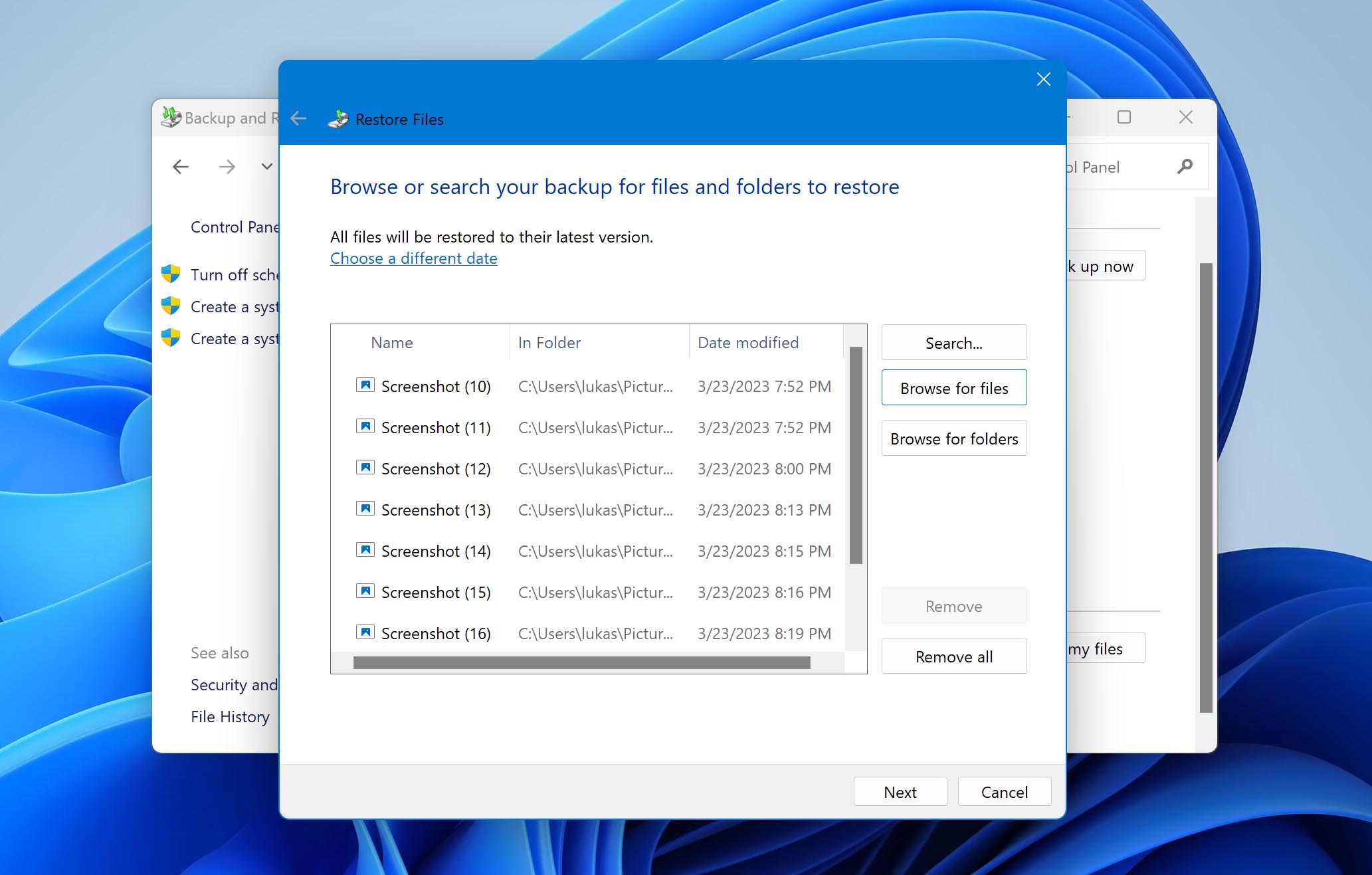 Visual demonstration of restoring files deleted from Recycle Bin on Windows 11 using Windows Backup and Restore feature