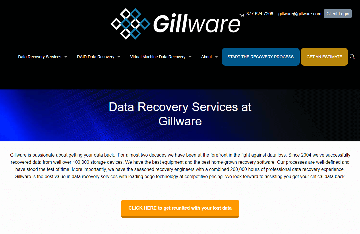 homepage of gillware data recovery center
