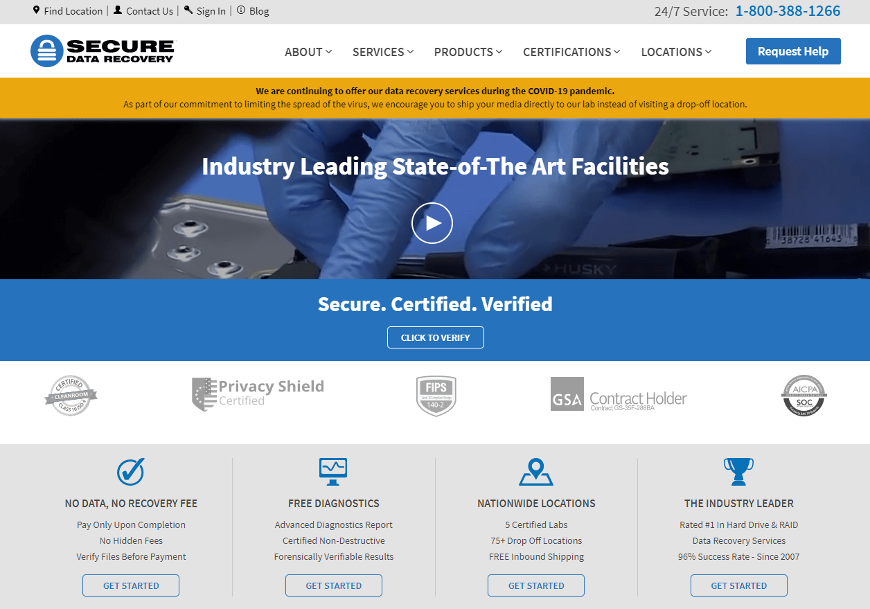 homepage of secure data recovery center