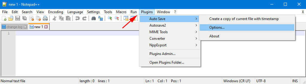 open autosave plugin options in notepad++