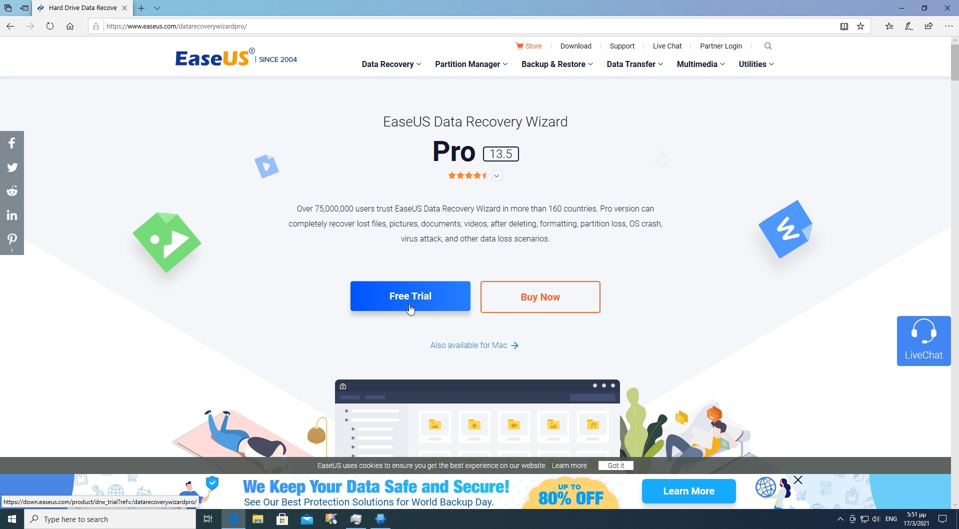 EaseUS Data Recovery Wizard's Trial Download on official site.