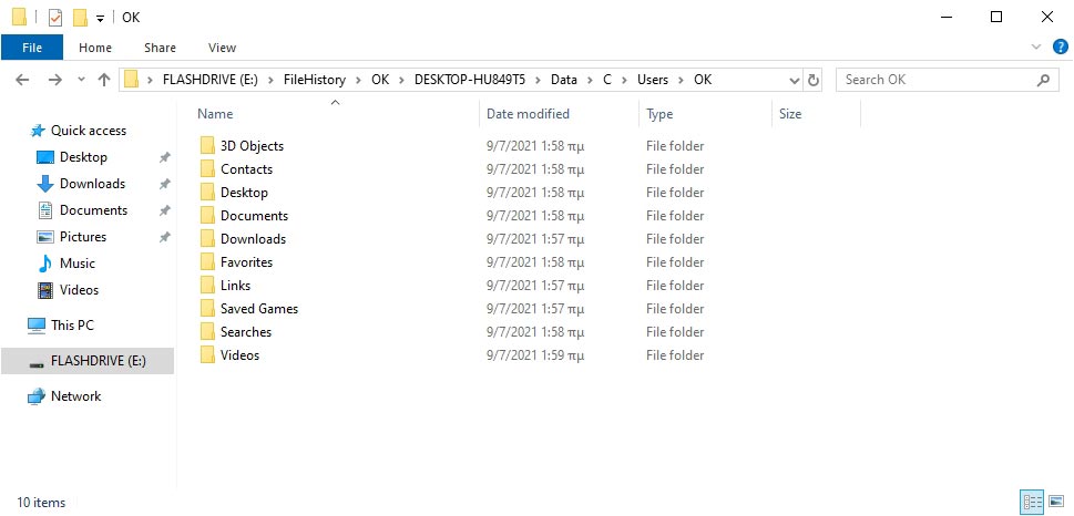 File History backup folder structure on target device
