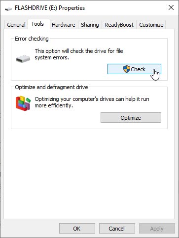 Click on Check in the Tools tab to scan the Flash Drive for errors.