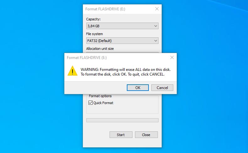 Windows warning about potential data loss before format.