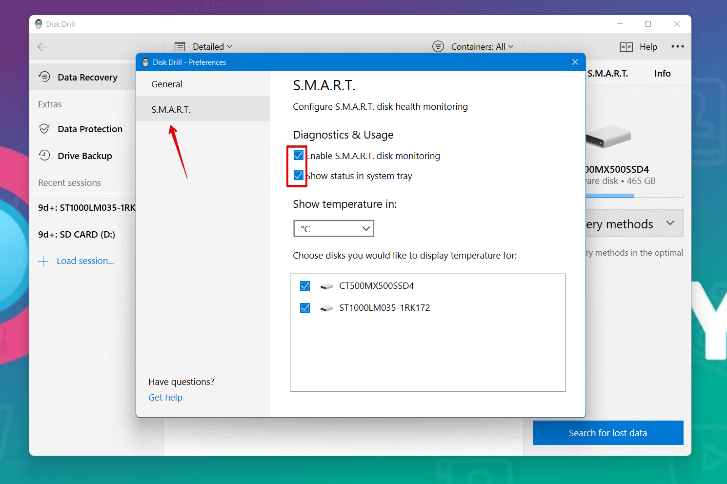 enable SMART scan in diskdrill
