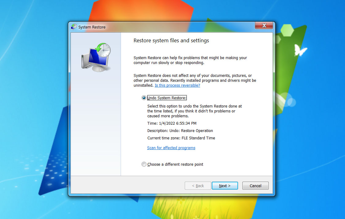 select undo restore system on windows 7