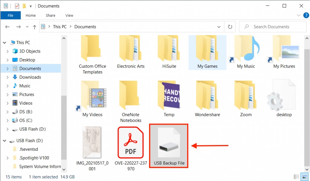 Backup file in Windows documents folder