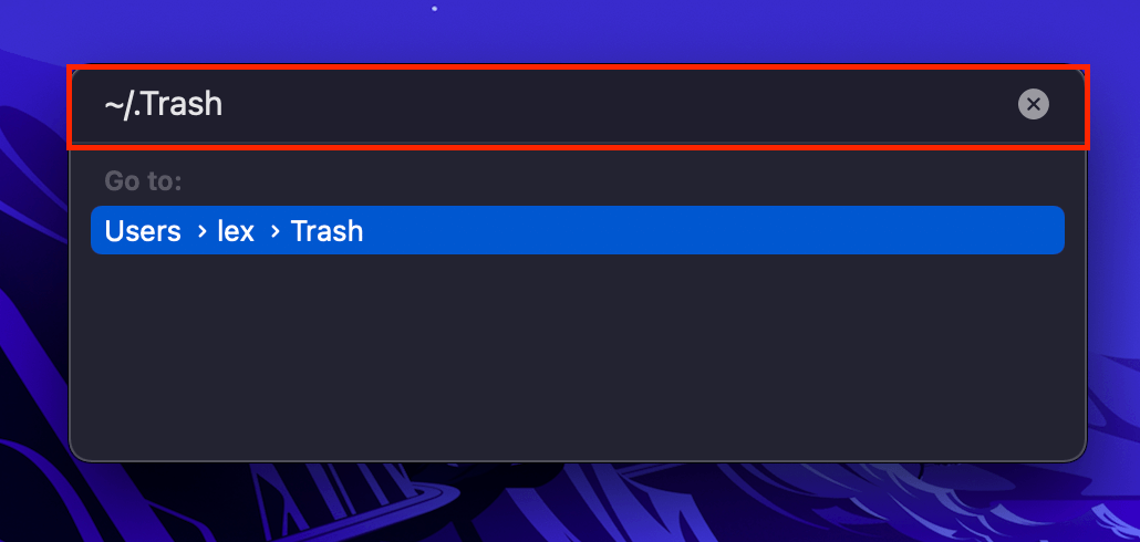 Trash folder path in the Finder Go window