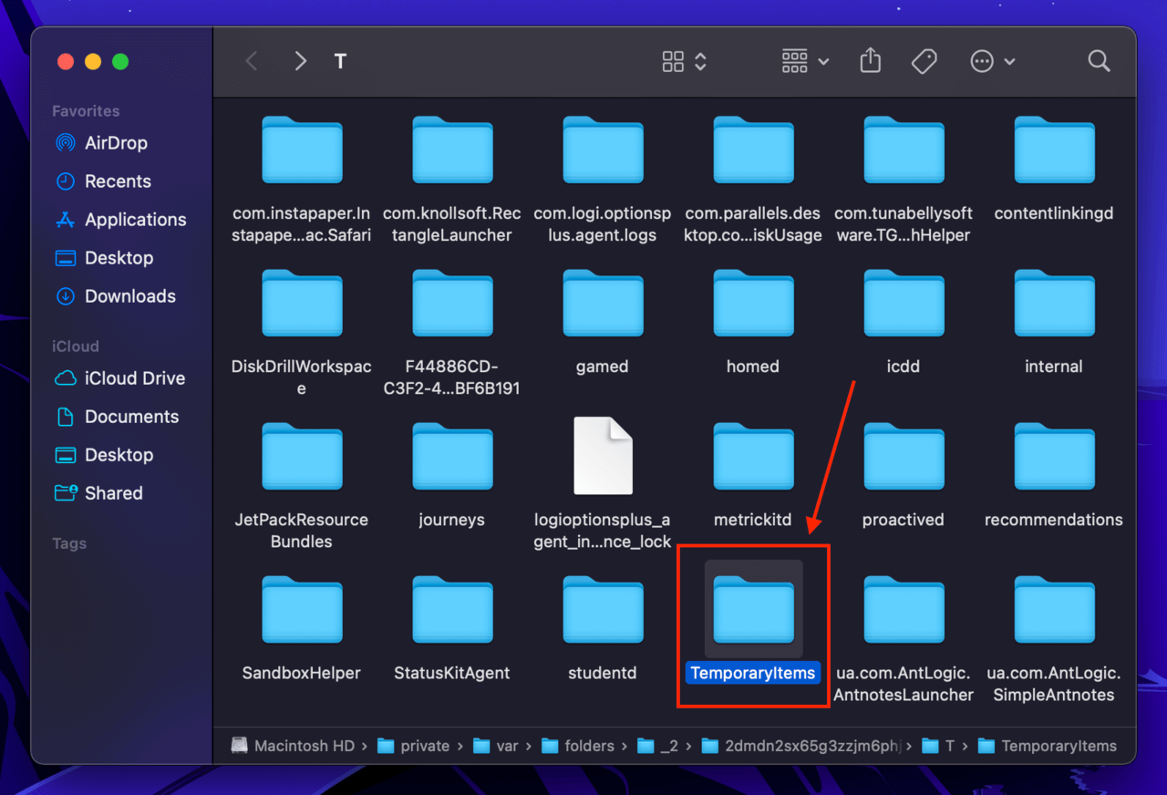 TemporaryItems folder in the macOS Temporary folder