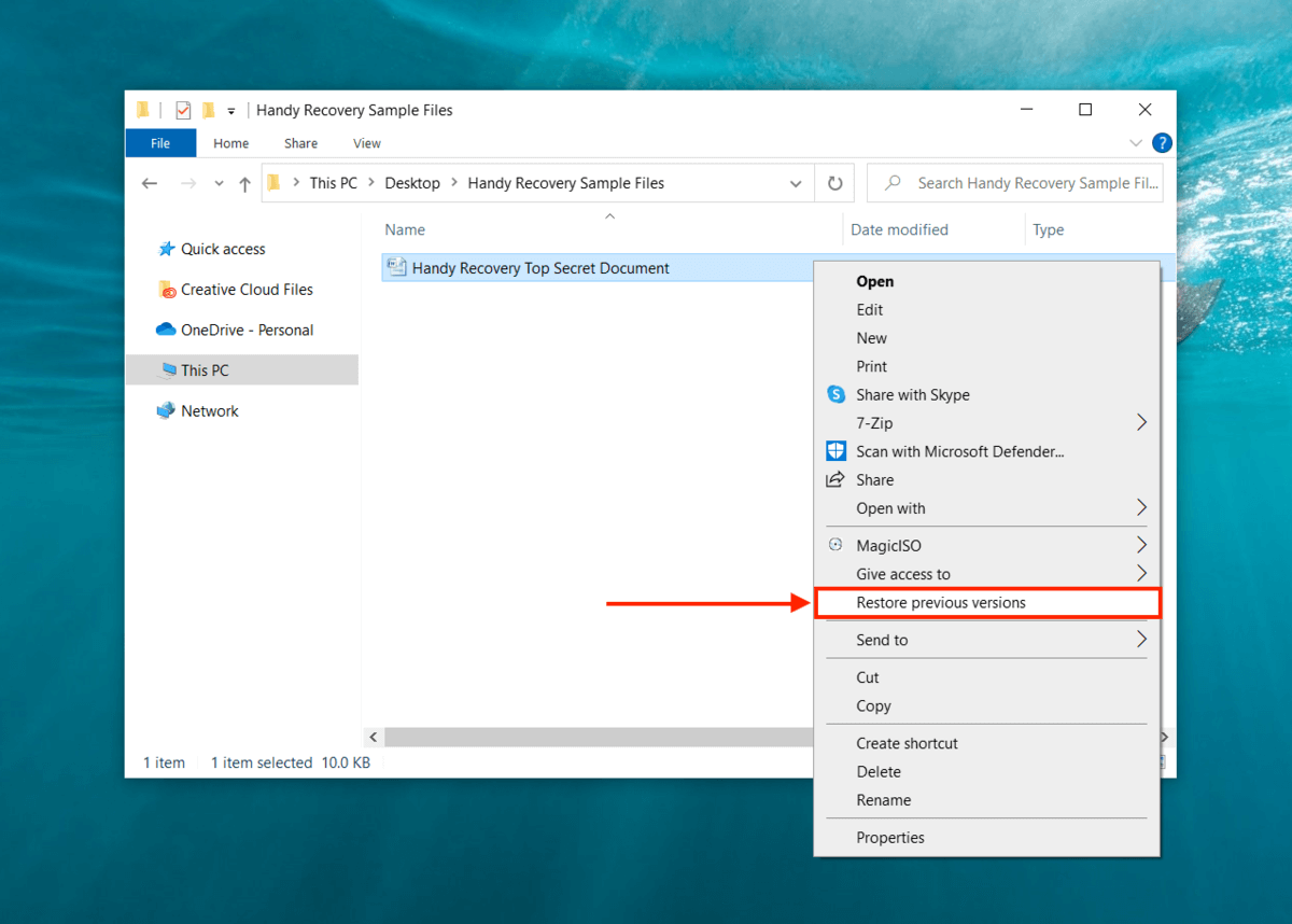 Restore previous versions function in the right-click menu