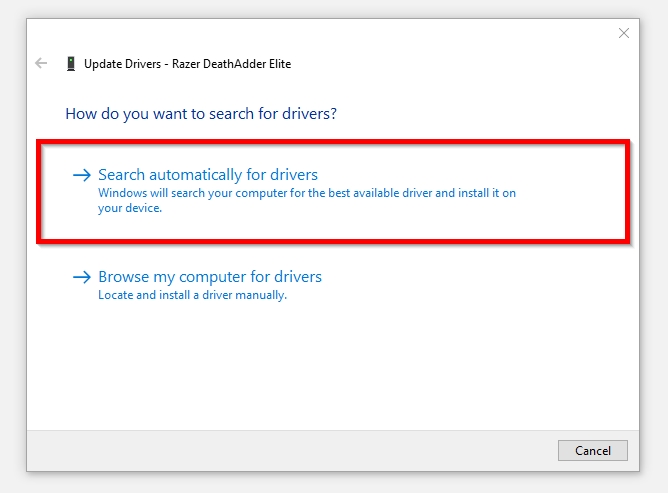 Update driver prompt in Windows.