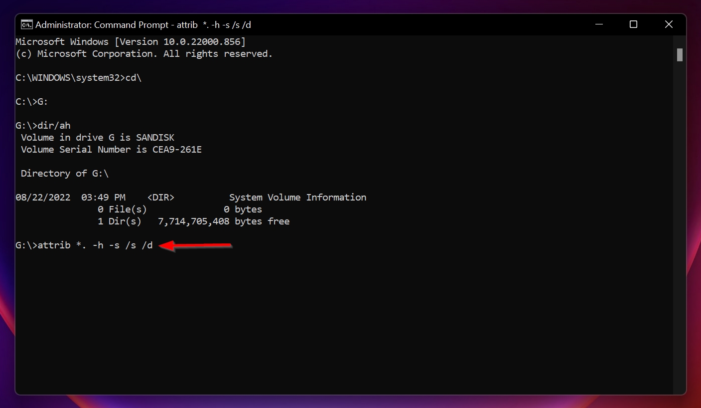 The unhide command in Command Prompt.