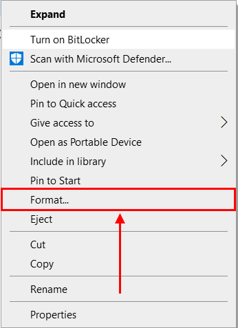 Format button in the Windows right click menu in File Explorer