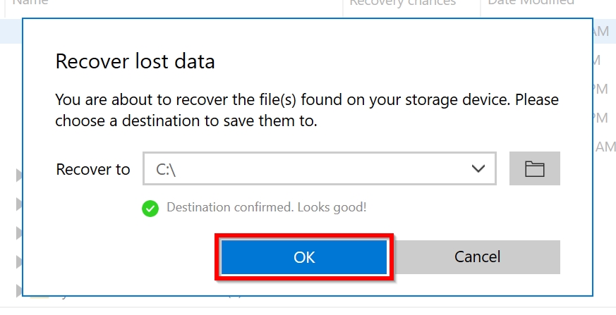 Data recovery location prompt.