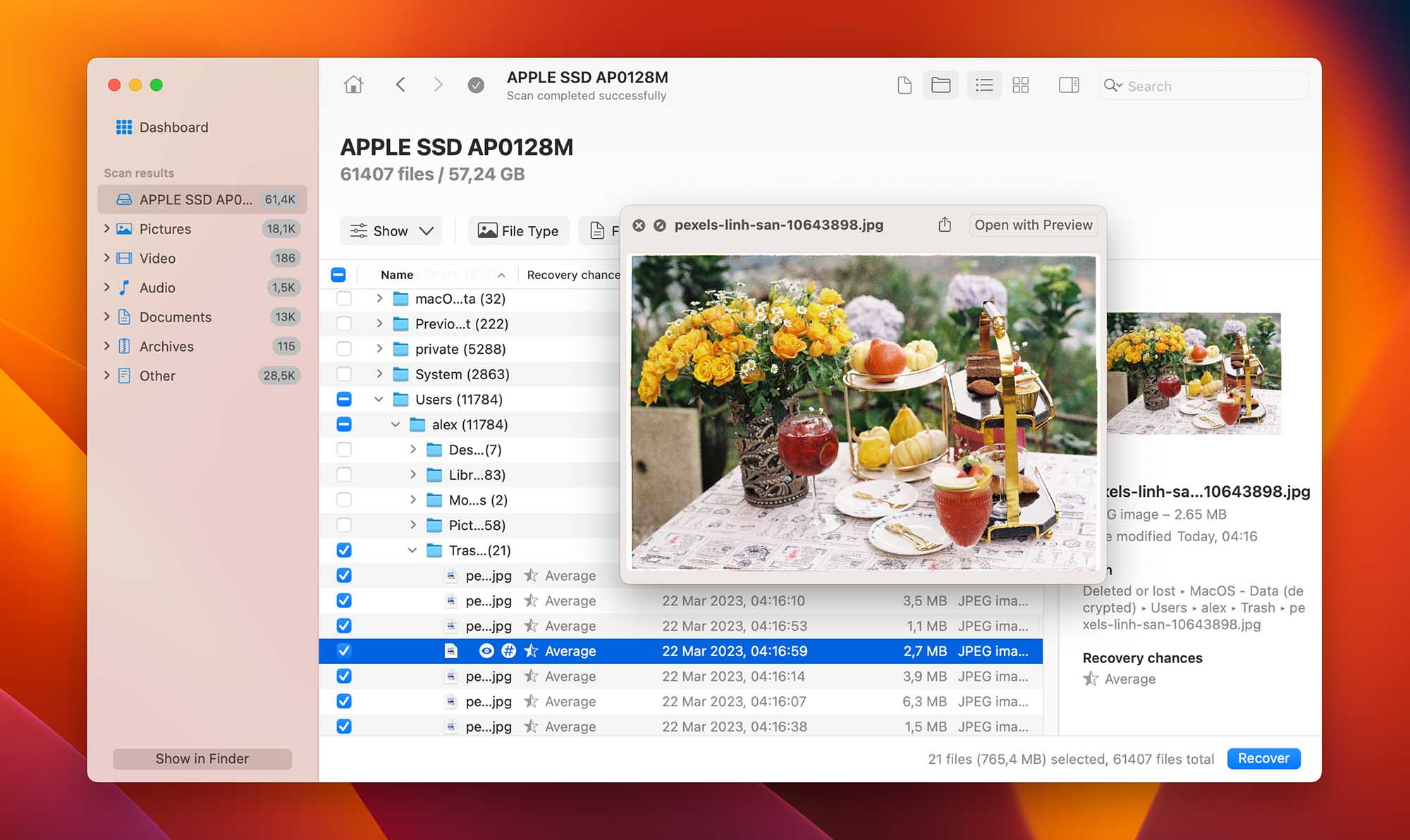 Preview the found deleted Mac files