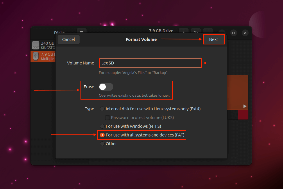 Formatting parameters in Linux Gnome Disks