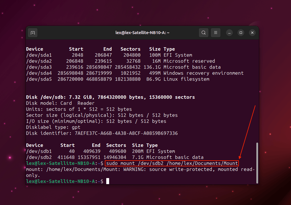 Mount SD command in Linux Terminal