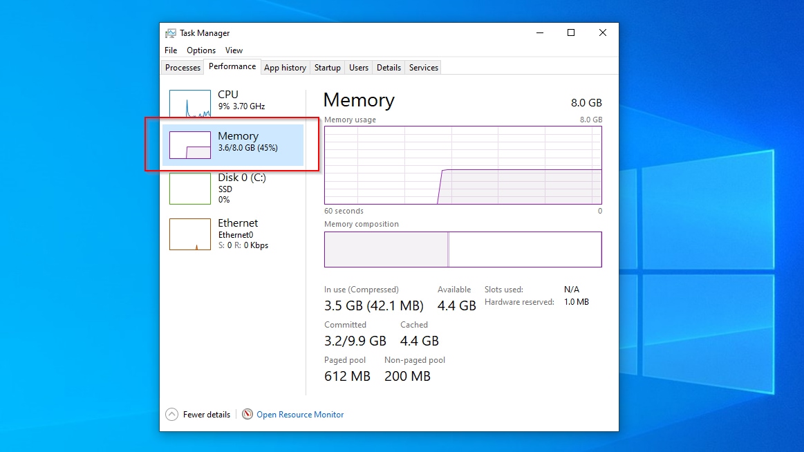 Task Manager Performance Page Memory Highlighted