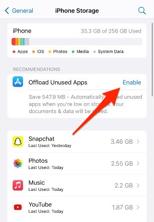 enable offload unsued apps on iphone