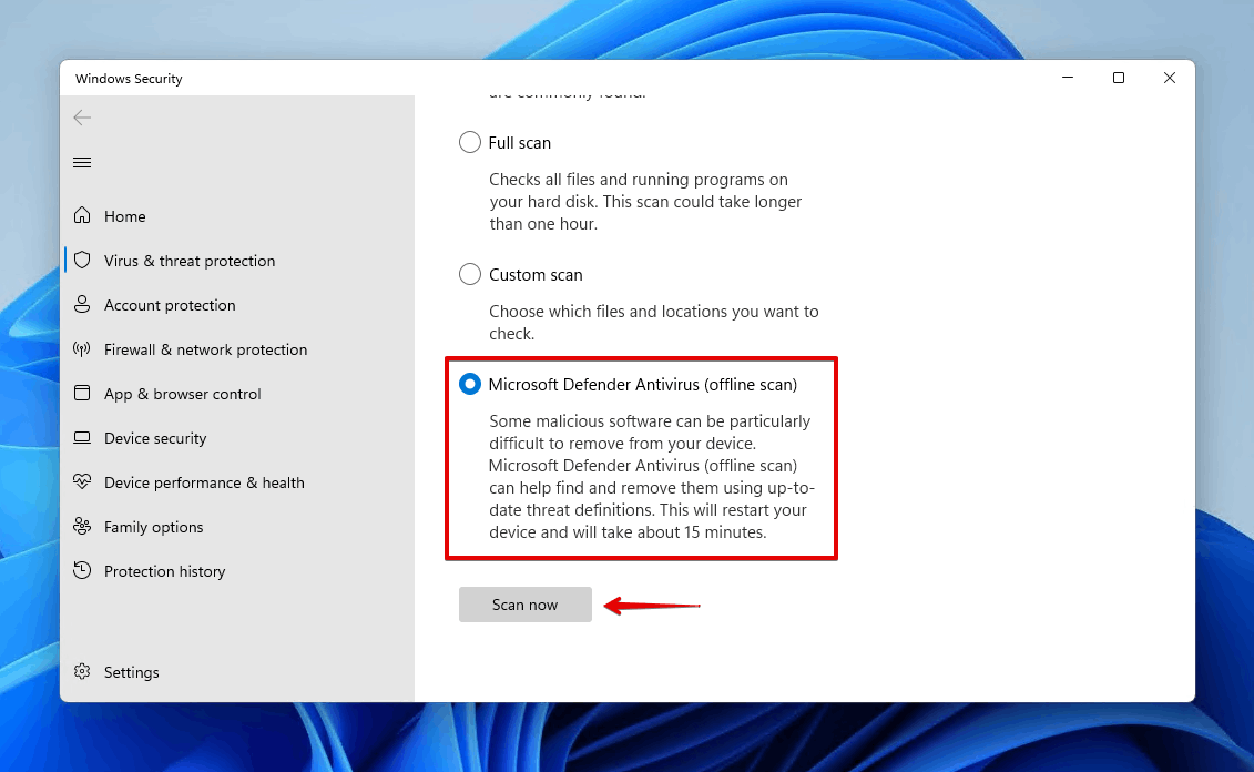 Performing an offline scan with Microsoft Defender.