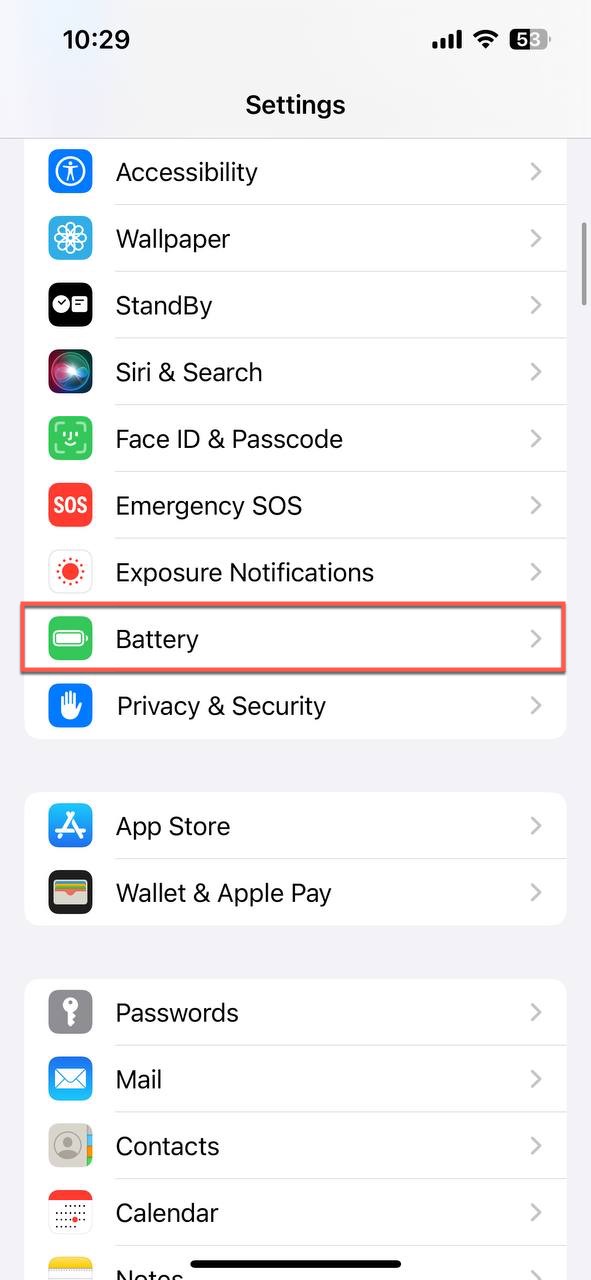 battery iphone settings category