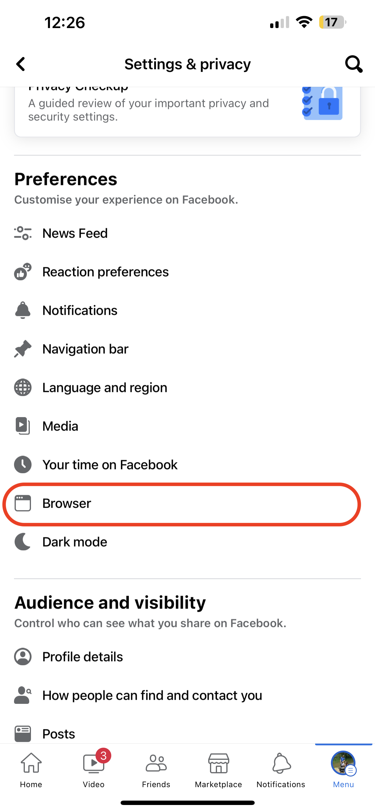 Facebook browser settings iPhone