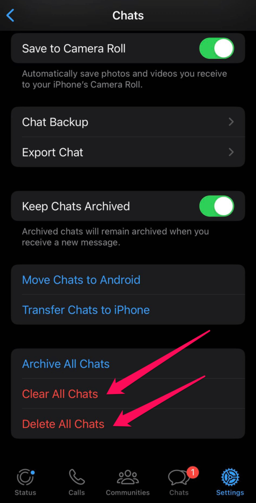 whatsapp clear or delete all chats on iphone