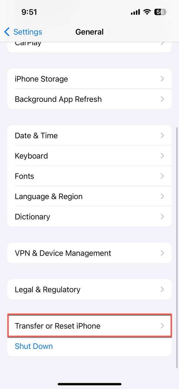 transfer or reset iphone option selected