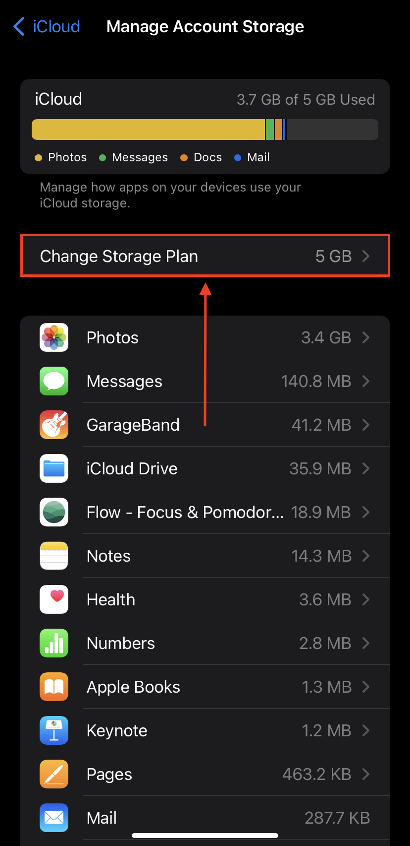 Change iCloud Plan button in the iPhone Storage menu