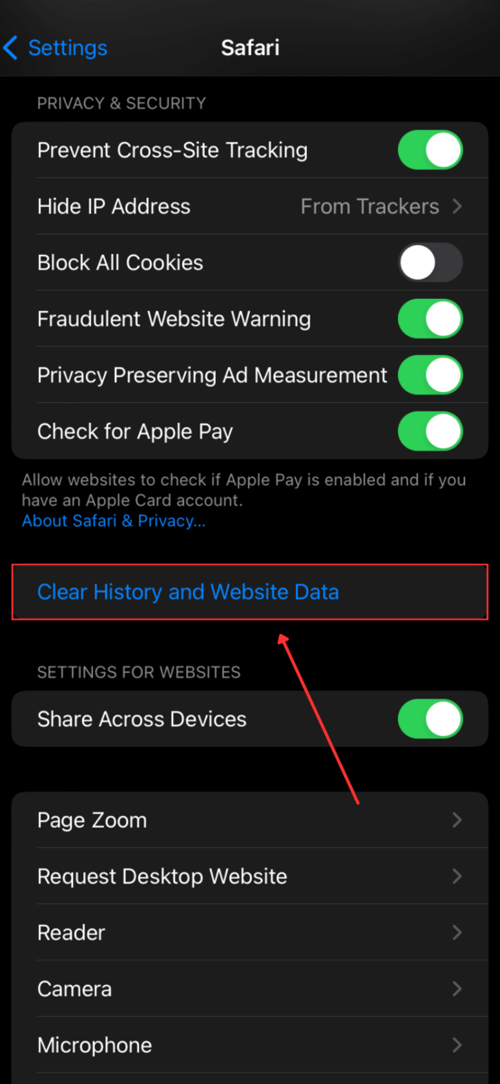 Clear History and Website Data of Safari in Settings App