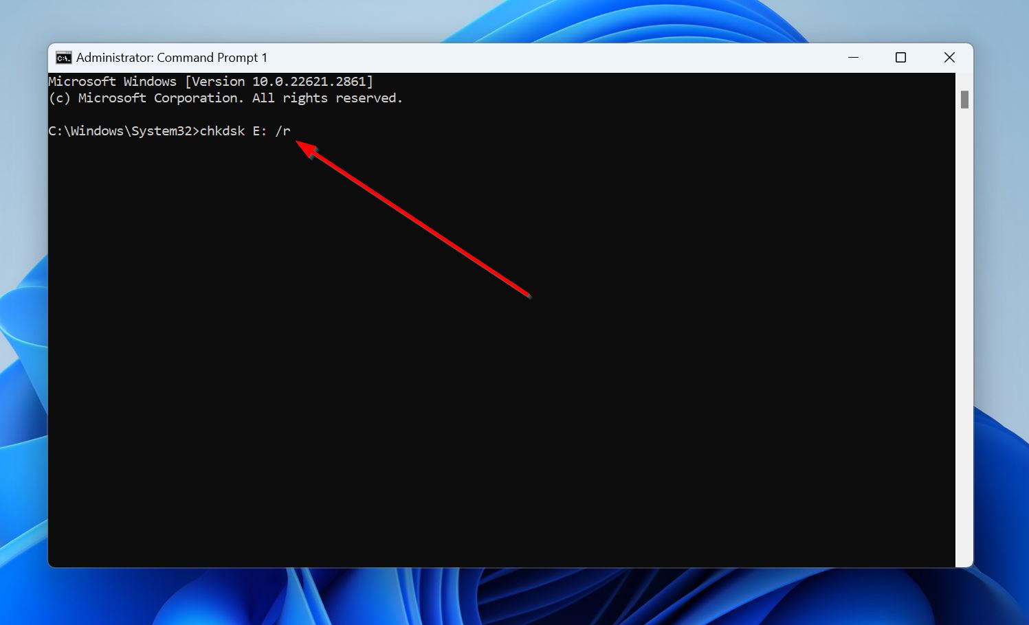 CHKDSK syntax in Command Prompt.