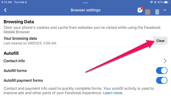 fb clear browsing data