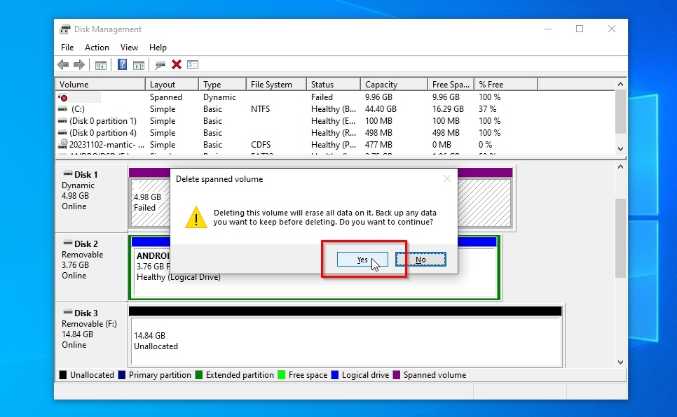 Disk Manager Delete Spanned Volume Data Loss Prompt