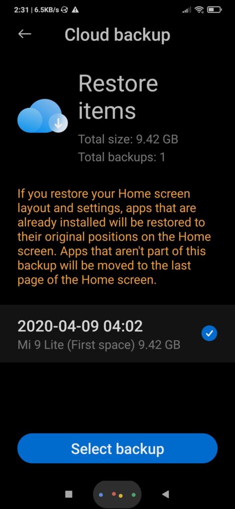 Xiaomi Cloud Backup Restore Items Screen