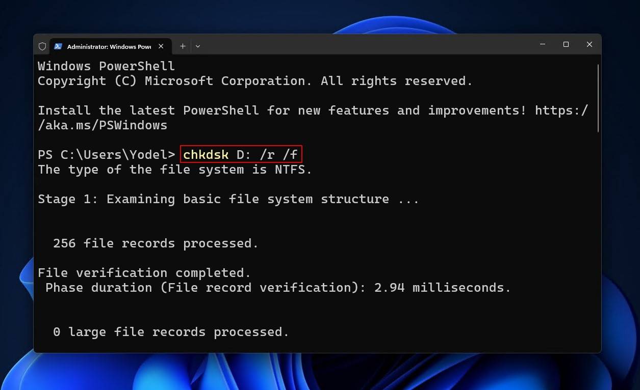Running the "chkdsk" command.
