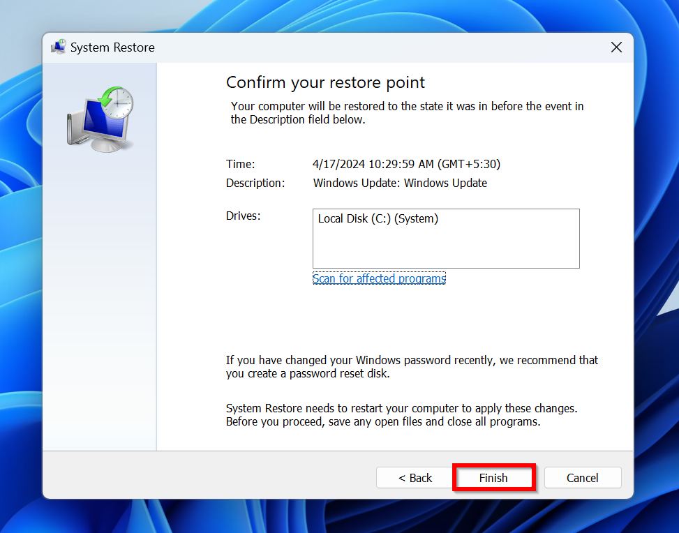 System Restore confirmation screen.
