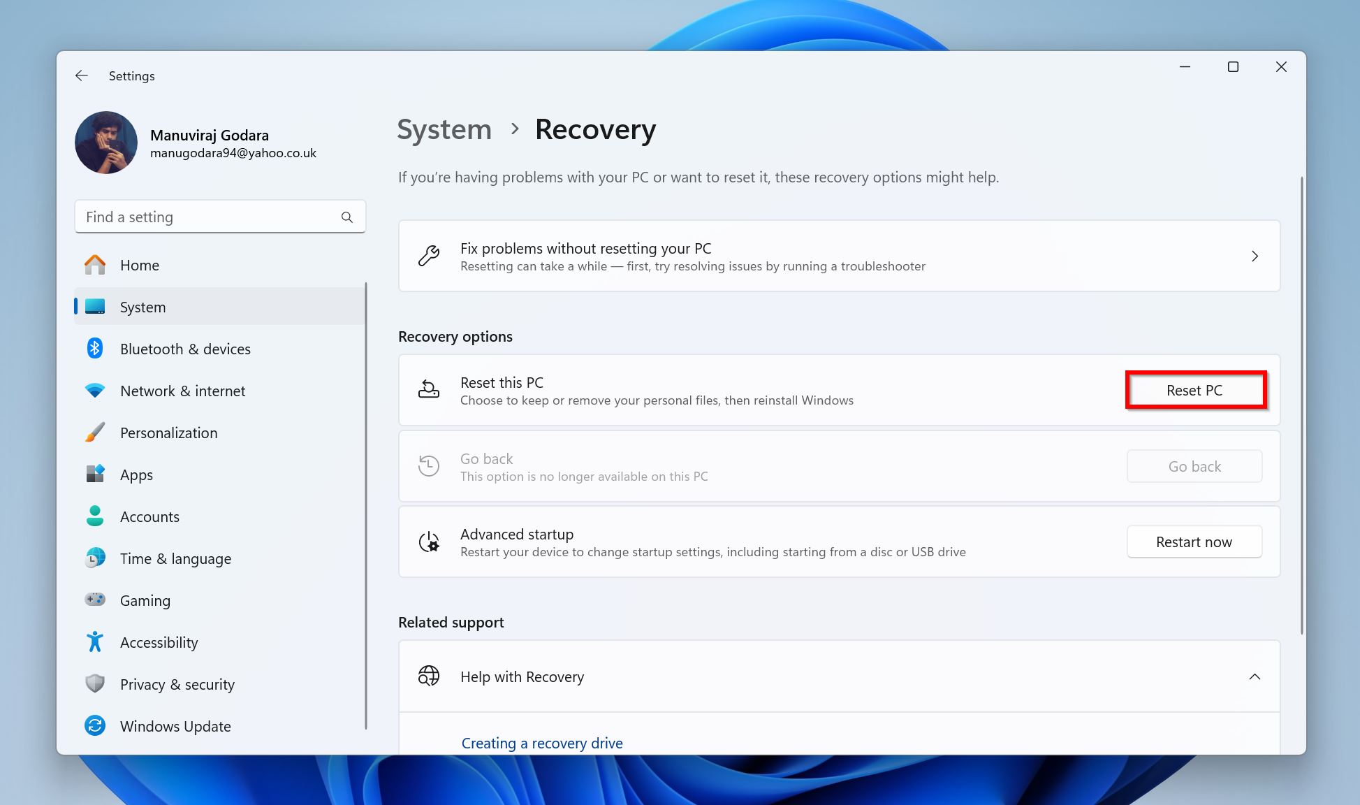 Reset PC button under System > Recovery.
