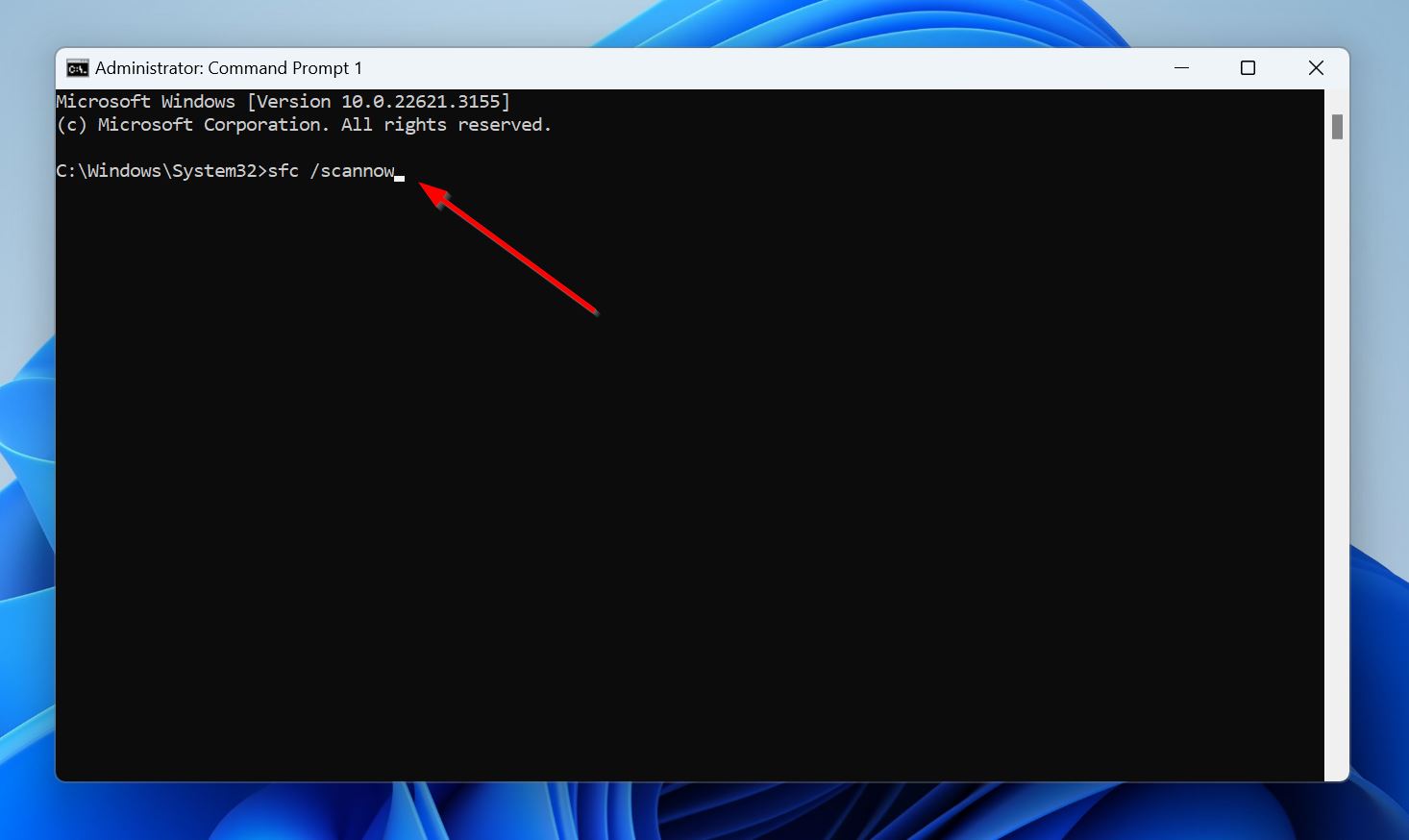 SFC command syntax in the Command Prompt.