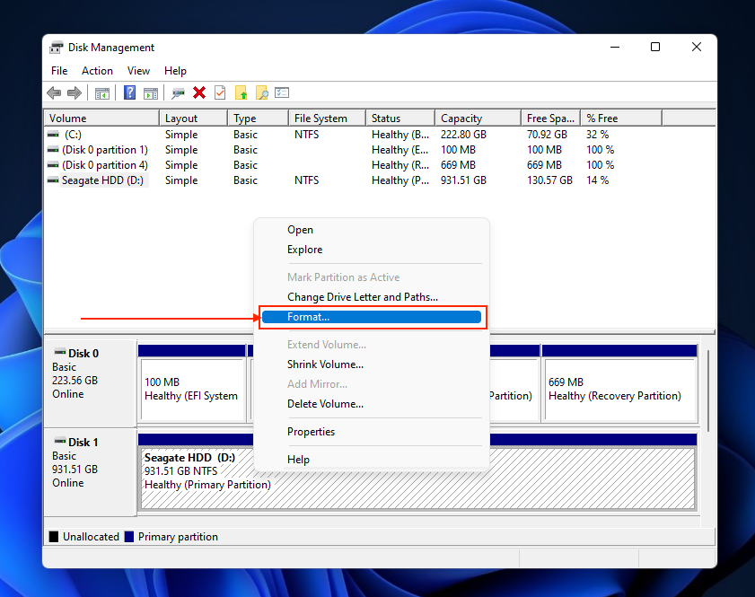 Format option in the right-click menu in Disk Management's main window
