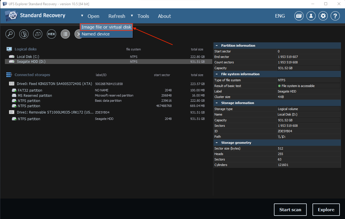Image attachment button in UFS Explorer's source selection menu