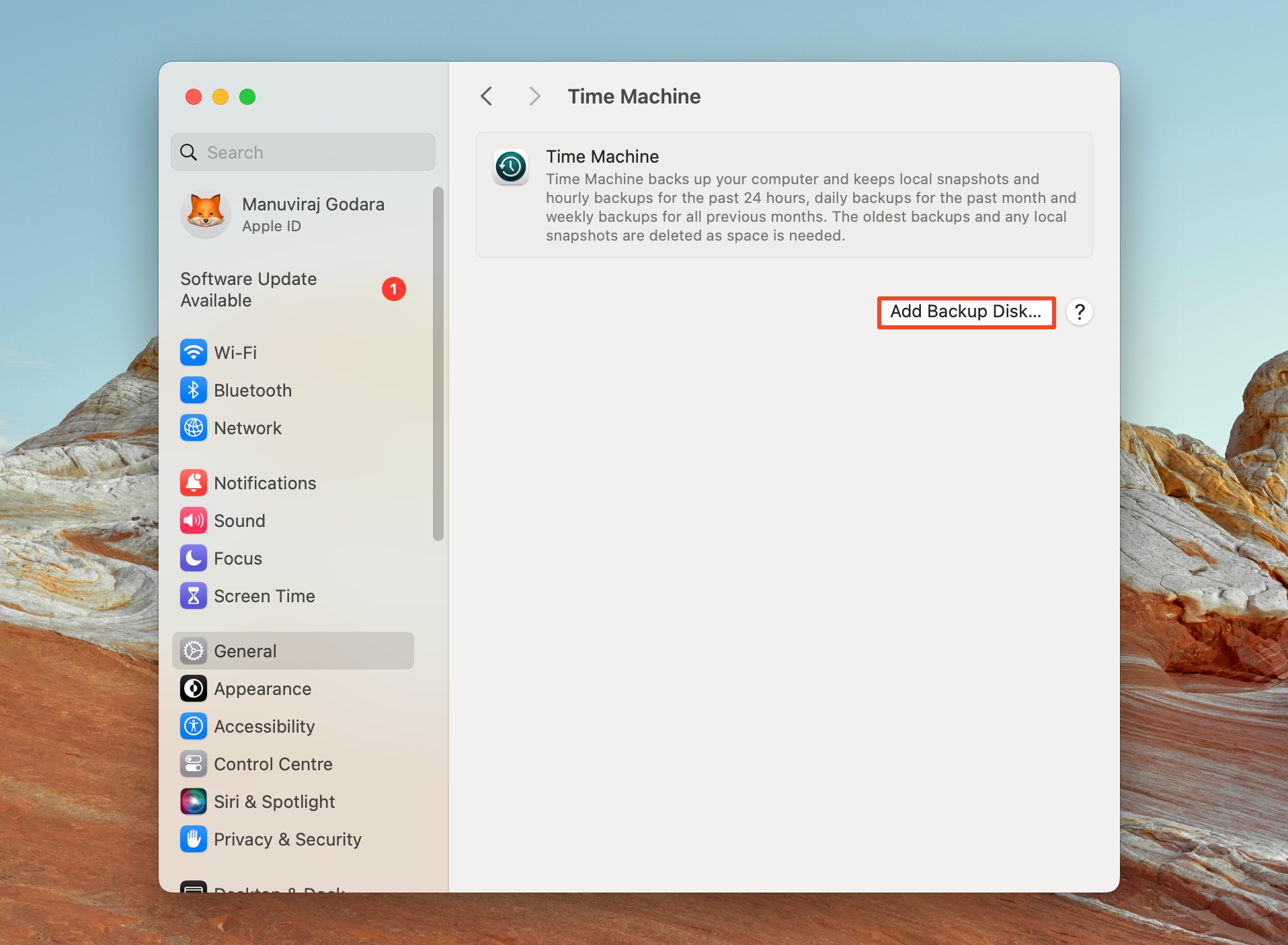 A window in the Time Machine utility on macOS showing the option to add a backup disk.