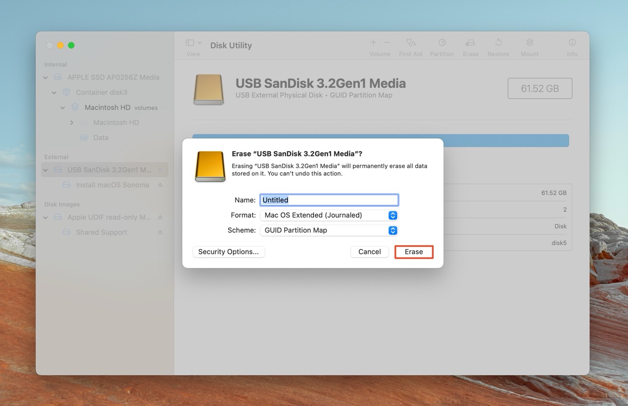 Erase prompt in Disk Utility for "USB SanDisk 3.2Gen1 Media" with options to name, format, and choose a partition scheme, including a security options button.