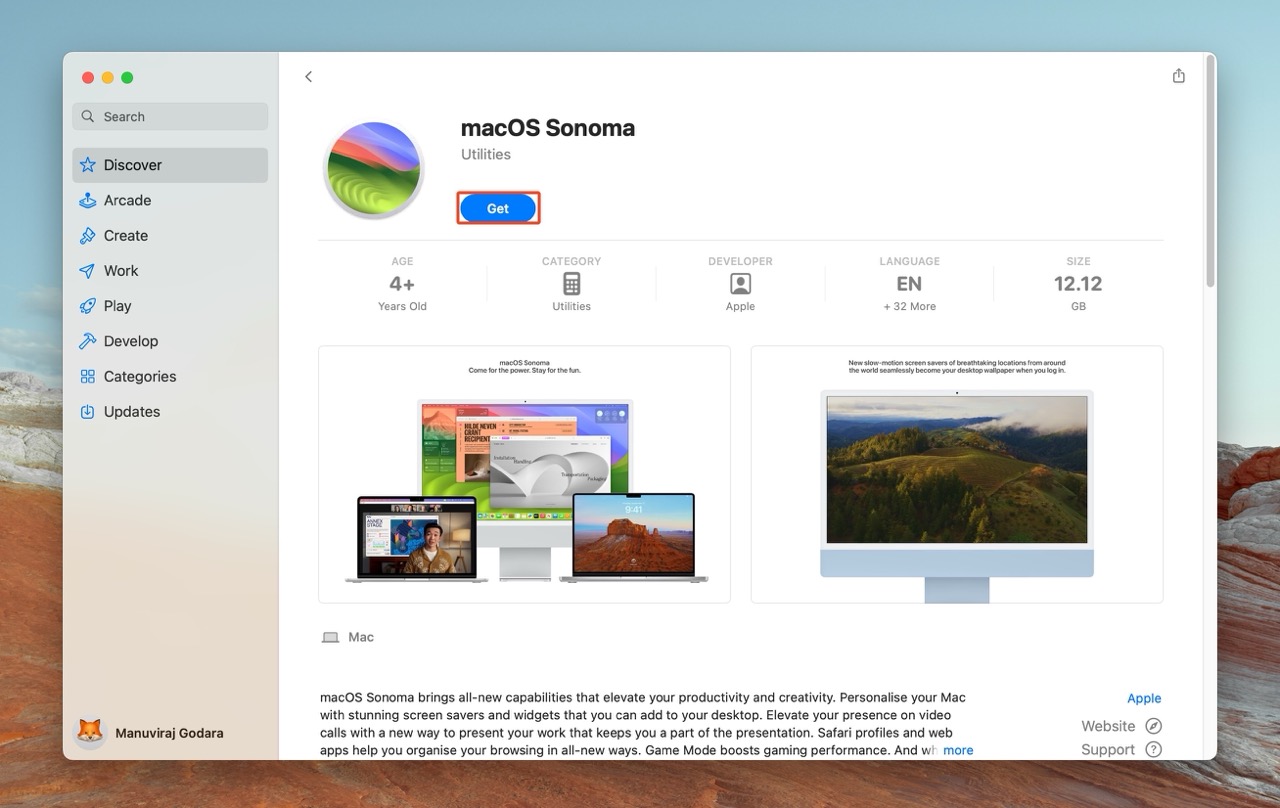 macOS Sonoma download page in the Apple App Store.